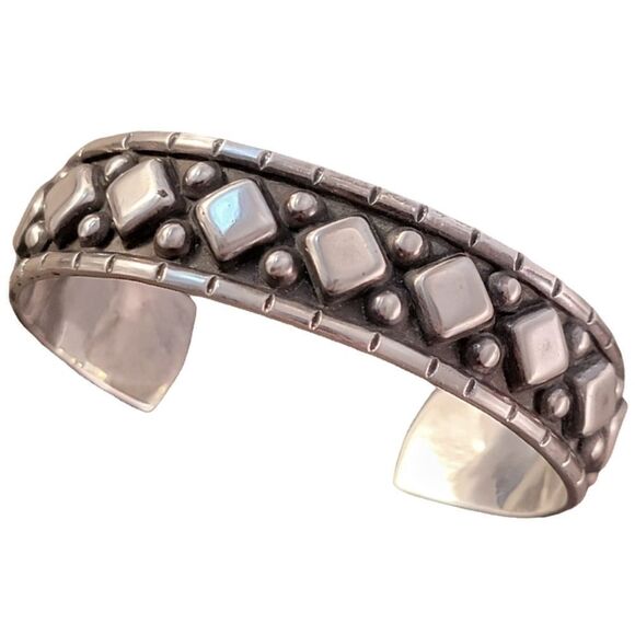 Sterling Taxco Raised Diamond & Beads Nielo Cuff Bracelet - Picture 1 of 11
